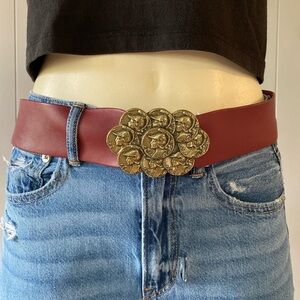 vintage leather belt with big brass buckle